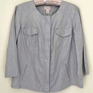 Chico’s Woman’s Linen Jacket 3/4 Sleeves Zip Closure Color Gray/Silver
